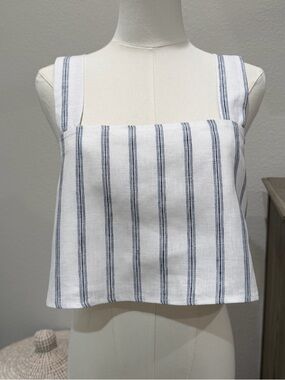 Reformation Lorin Linen Blue/White Stripe Cropped Top Size Small